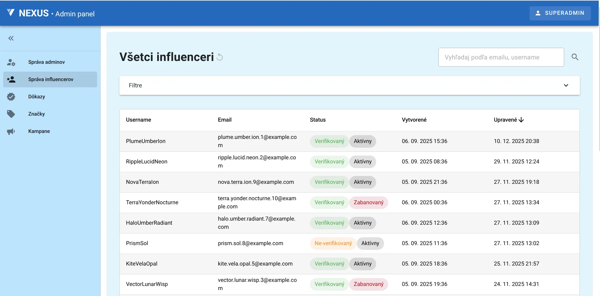 Influencer marketing platforma – ukážka 1